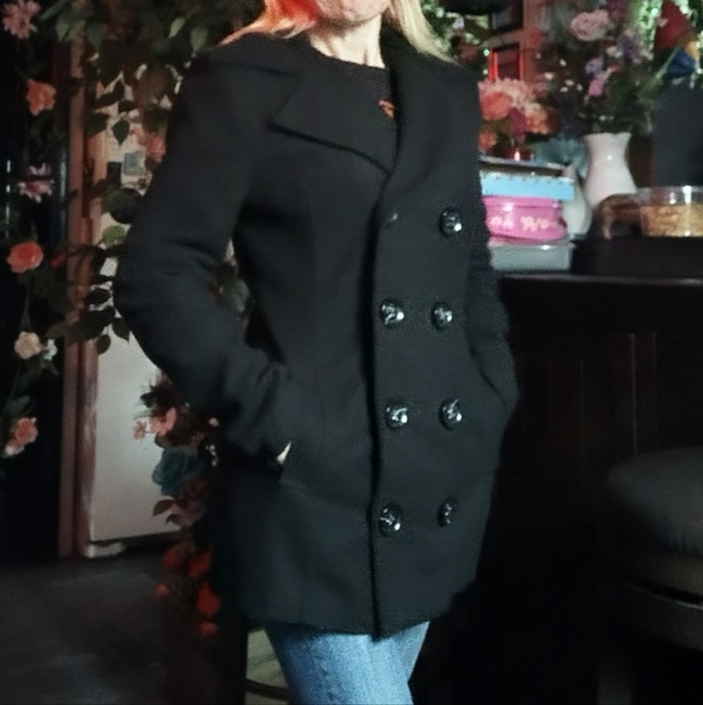 Black Wool Blend Double-Breasted Peacoat - Picture 4 of 14
